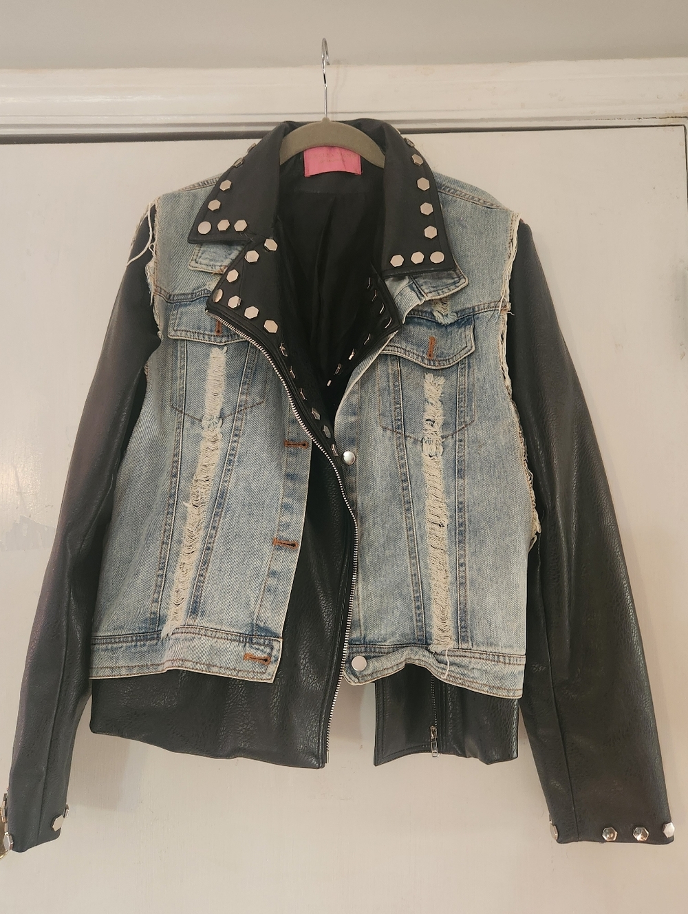 Azalea Wang Denim & Black Faux Leather Stud Jacket